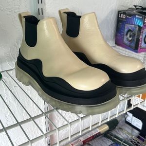 Bottega Veneta cream and black with clear chunky sole ankle boots